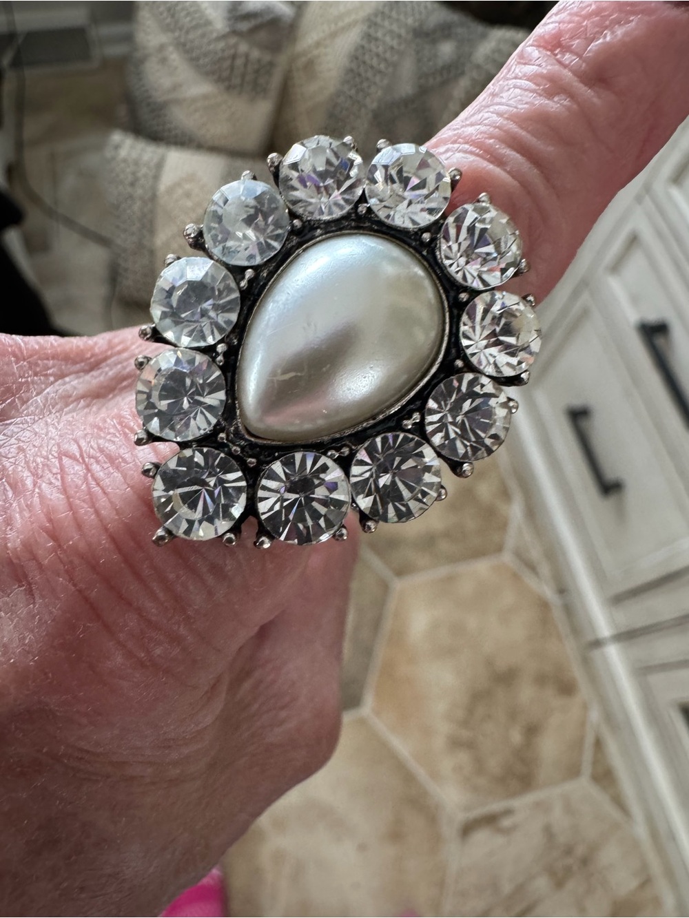 Silver-Tone Pearl Teardrop Crystal Cocktail Ring